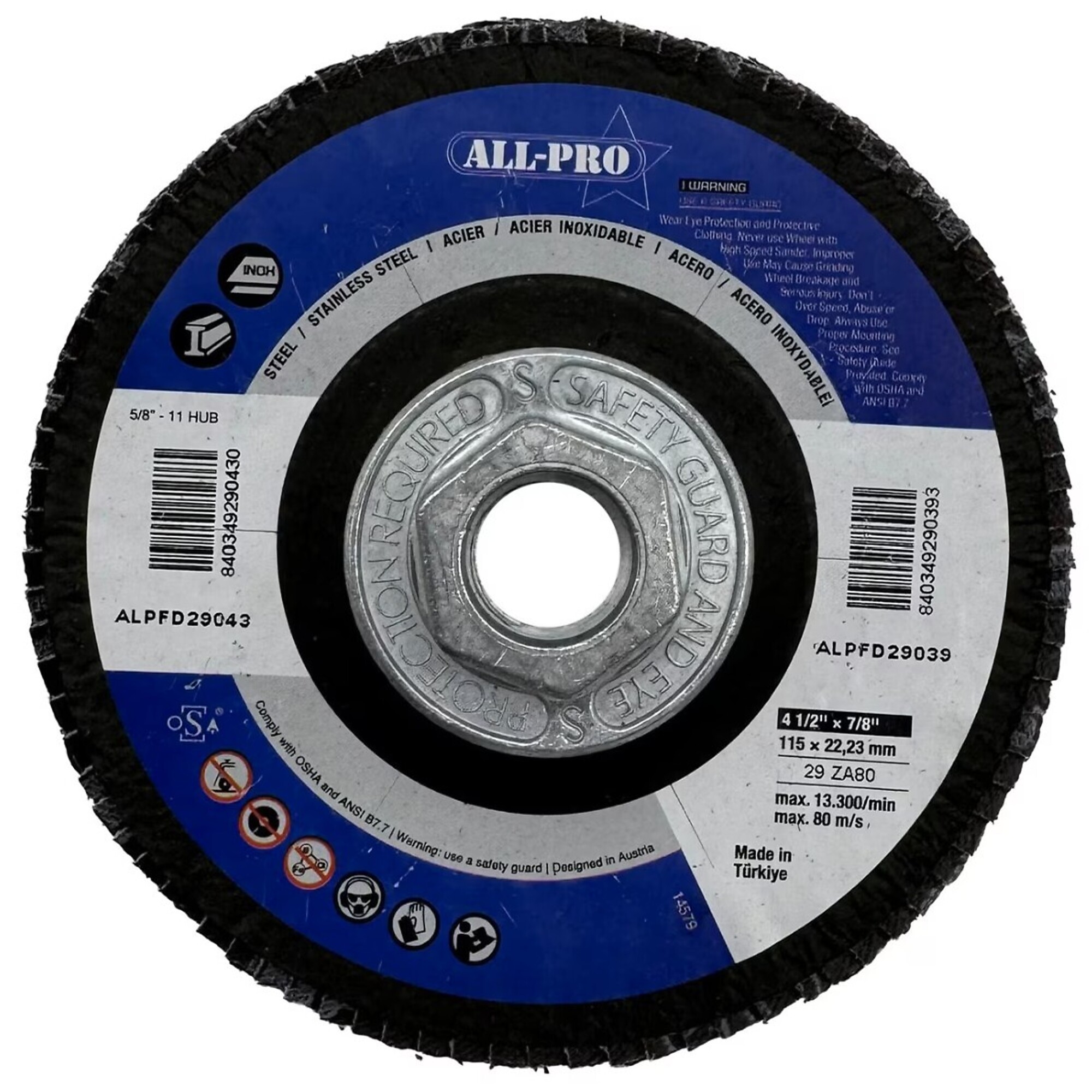All Pro Flap Disc, 4 1/2", 5/8-11, ZA, T29, 80 Grit, 5/BX